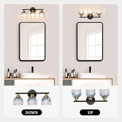 TALOYA Bathroom Vanity Light Fixtures, 3-Light Modern Black and Gold Wall Lights Over Mirror with Gradient Blue Tulip Glass Shades Bathroom Wall Lamp for Mirror, Living Room,Hallway, Farmhouse