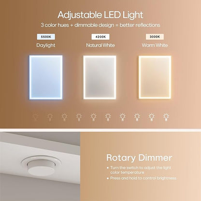 28x20 inch LED Lighted Medicine Cabinet with Mirror, Moisture-Resistant Wood, Stepless Dimmable, 3000K/5500K, Defogger, Adjustable Shelf, Flat-Pack Design – Assembly Required (White)