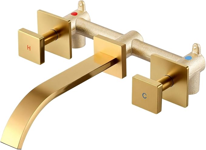 Wall Mounted Bathroom Sink Faucet, Brushed Gold Bathroom Faucet | Waterfall Bathroom Sink Faucet with Two Handles, Controllable Heat and Cold, Solid Brass Wall-Mount Washroom Faucets