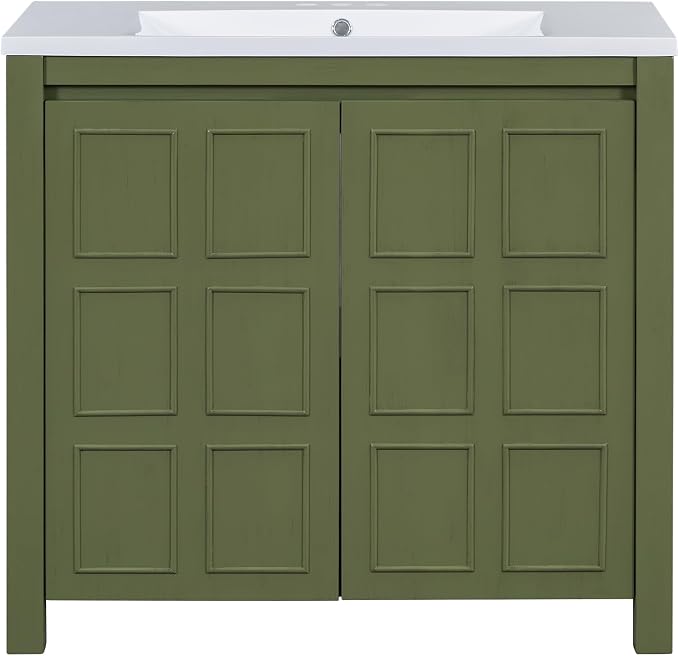 SOFTSEA 36" Bathroom Vanity with Sink Combo, Single Sink Bathroom Vanity with Soft-Close Doors, Solid Wood Frame Bathroom Cabinet, Ceramic Basin, Easy Assembly, Green