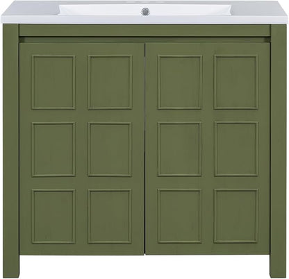 SOFTSEA 36" Bathroom Vanity with Sink Combo, Single Sink Bathroom Vanity with Soft-Close Doors, Solid Wood Frame Bathroom Cabinet, Ceramic Basin, Easy Assembly, Green