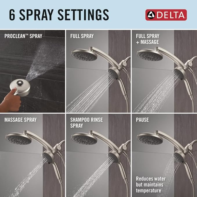 Delta 6-Setting PivotPro 3-in-1 Combination Shower Head with ProClean Spray, Brushed Nickel Round Shower Head Rainfall with Handheld Spray, 1.75 GPM, SpotShield Brushed Nickel 75648SN
