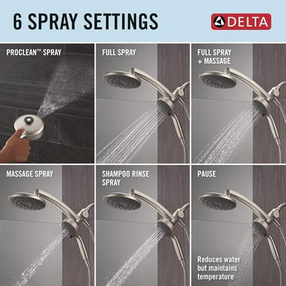 Delta 6-Setting PivotPro 3-in-1 Combination Shower Head with ProClean Spray, Brushed Nickel Round Shower Head Rainfall with Handheld Spray, 1.75 GPM, SpotShield Brushed Nickel 75648SN