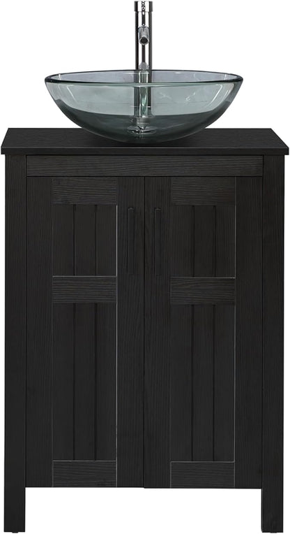 UEV Black 24" Bathroom Vanity with Sink Combo,Modern Vanity with Vessel Sink,Stylish Bathroom Vanity Cabinet,Grooved Doors & Metal Handles,Modern Glass Round Bowl Tempered Glass Vessel Sink(A16)