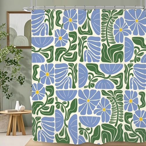 Matisse Flower Shower Curtain 60Wx72L Inch Abstract Retro Aesthetic Minimalist Vintage Art 70s Modern Violet Blue Green Bathroom Set Accessories Decor with 12 Pack Hooks