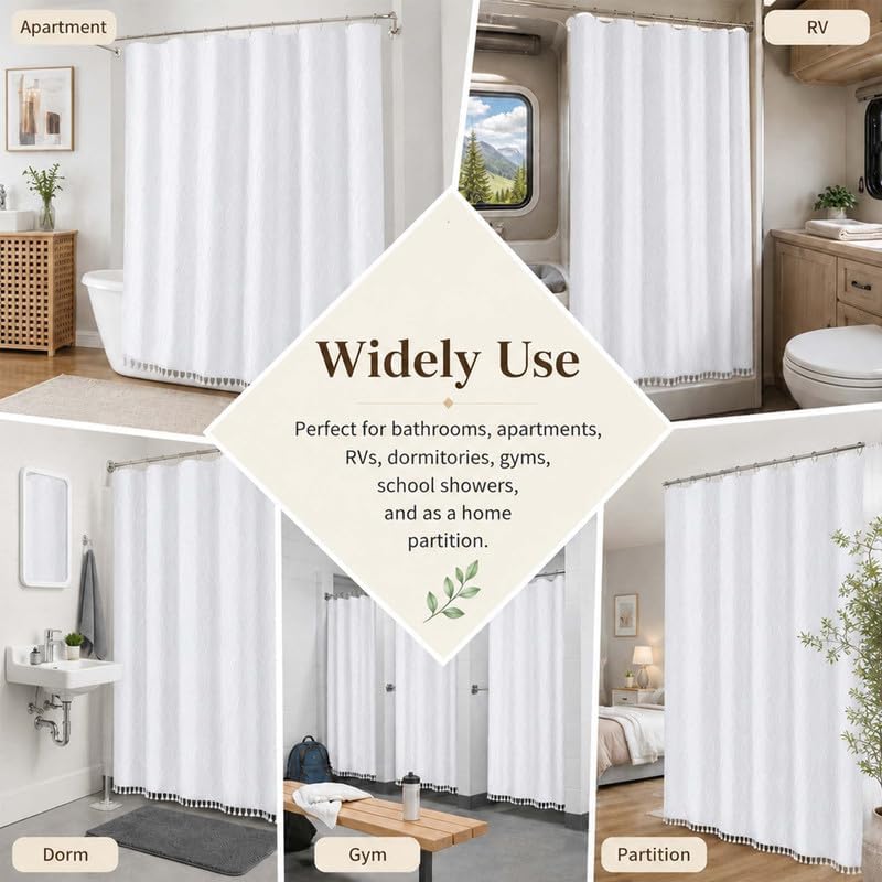 OVZME Extra Long White Shower Curtain 96 Inch Long, Puff Printed Textured Shower Curtain with Tassels, Tall Farmhouse Geometry Bathroom Curtain, Water Resistant Fabric, 72Wx96L Inches