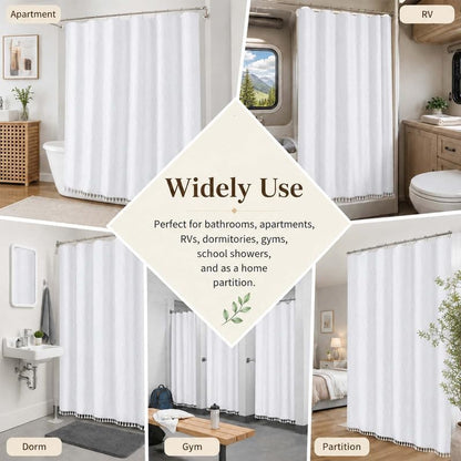 OVZME Extra Long White Shower Curtain 84 Inch Long, Puff Printed Textured Shower Curtain with Tassels, Tall Farmhouse Geometry Bathroom Curtain, Water Resistant Fabric, 72Wx84L Inches