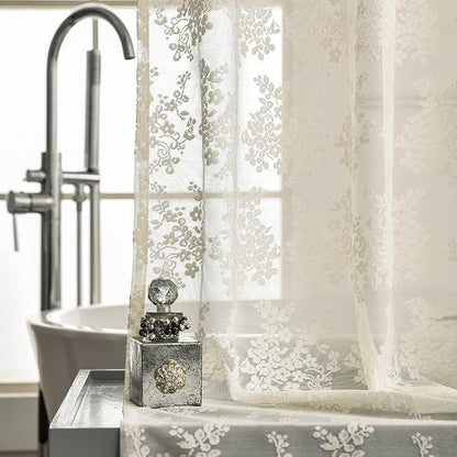 Ivory Cream Lace Shower Curtain 84 Inches Long with Attached Valance, 72x84 | Vintage Floral Lace with Scalloped, Filters Soft Light for Elegant Shabby Chic Bathrooms with Tall tubs or Higher Rods