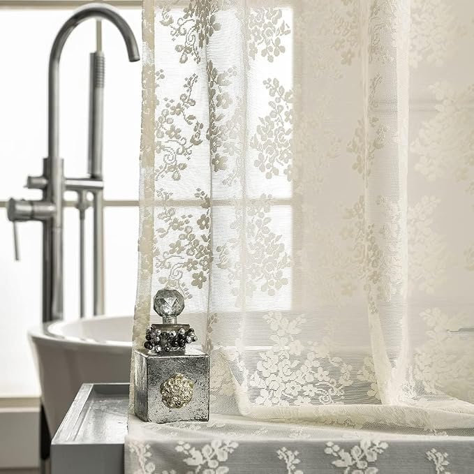 Ivory Extra Wide Shower Curtain 102x84, French Lace with Attached Valance | Scalloped, Floral Design, Machine Washable, Ideal for Clawfoot Tubs, Curved Rods and Spacious Vintage Bathrooms