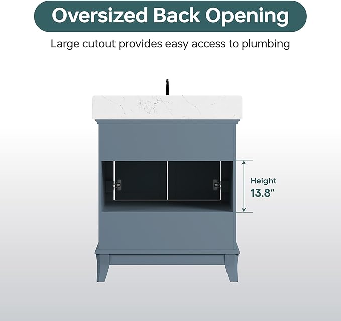30 Inch Bathroom Vanity with Sink, Fully Assembled Bathroom Vanities with Quartz Countertop & Backsplash, 30 Inch Vanity with Sink, Soft Closing Doors & Dovetail Drawer, Steel Blue