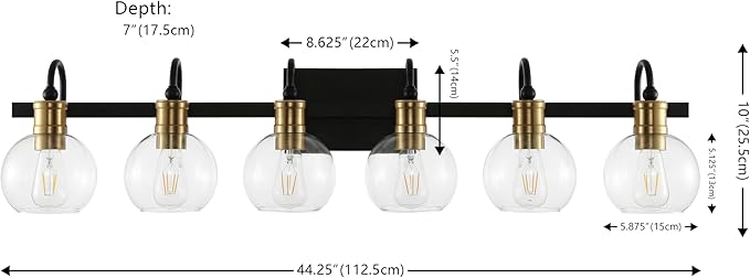 JONATHAN Y 44.25" Black/Brass Gold Vintage Wall Sconce, LED Vanity Light for Bathroom Bedroom Entryway, Clear Glass Globe Shade, Modern Industrial Arched Lamp, LED Bulb Included (JYL3557A)
