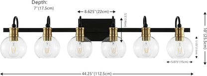JONATHAN Y 44.25" Black/Brass Gold Vintage Wall Sconce, LED Vanity Light for Bathroom Bedroom Entryway, Clear Glass Globe Shade, Modern Industrial Arched Lamp, LED Bulb Included (JYL3557A)