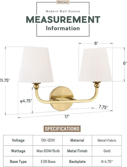 2-Light Brushed Gold Bathroom Vanity Light, Pleated Fabric Shade | 17" 2-light gold double wall sconce with white pleated fabric shades, E26 bulbs, hardwired, upward only, VL837-BG-Z-2