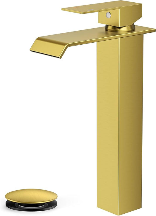 Forious Vessel Bathroom Sink Faucets 1 Hole Brushed Gold, Tall Waterfall Bathroom Faucet Single Handle with Pop Up Drain and Supply Lines for Bowel Sink, Deck Mount