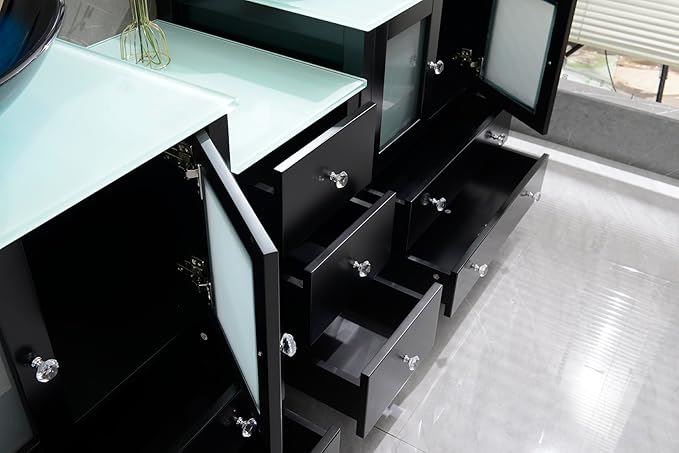 76" Freestanding Wooden Modern Bathroom Vanity with Double Vessel Sink Set Bathroom Mirror Included (Black, Art Sink)