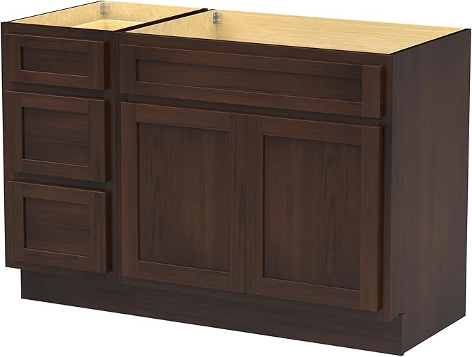Vanity Art 54 inch Bathroom Vanity Base Only, Single Bathroom Vanity Cabinet with Soft Closing Shaker Drawer, Sturdy Floor Mounted Storage Cabinet Organizer for Bathroom, Brown, VA4039+VA4015-3
