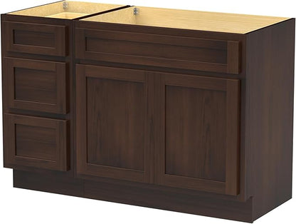 Vanity Art 54 inch Bathroom Vanity Base Only, Single Bathroom Vanity Cabinet with Soft Closing Shaker Drawer, Sturdy Floor Mounted Storage Cabinet Organizer for Bathroom, Brown, VA4039+VA4015-3