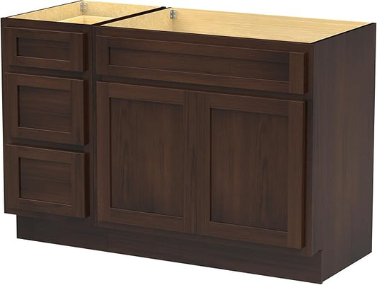 Vanity Art 54 inch Bathroom Vanity Base Only, Single Bathroom Vanity Cabinet with Soft Closing Shaker Drawer, Sturdy Floor Mounted Storage Cabinet Organizer for Bathroom, Brown, VA4039+VA4015-3