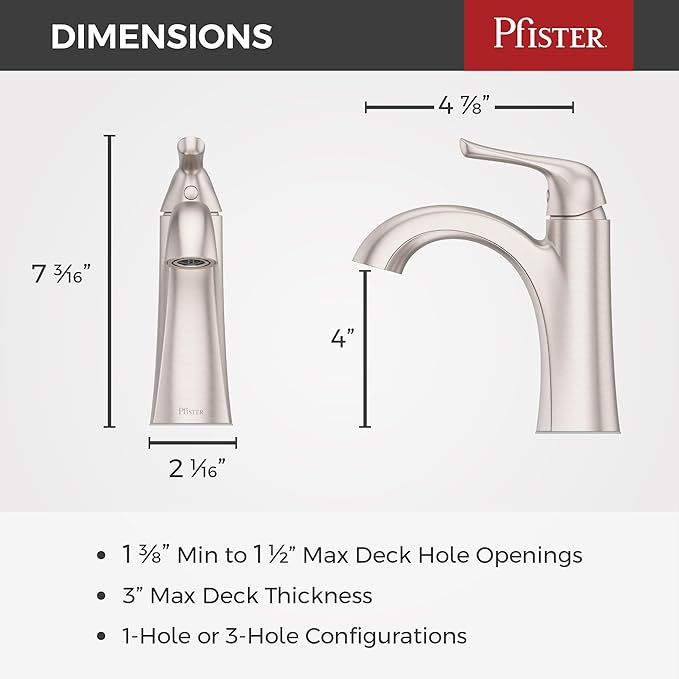 Pfister Willa Bathroom Sink Faucet, Single Control, 1-Handle, Single Hole, NSF Certified, Spot Defense Brushed Nickel Finish, LF042MALGS