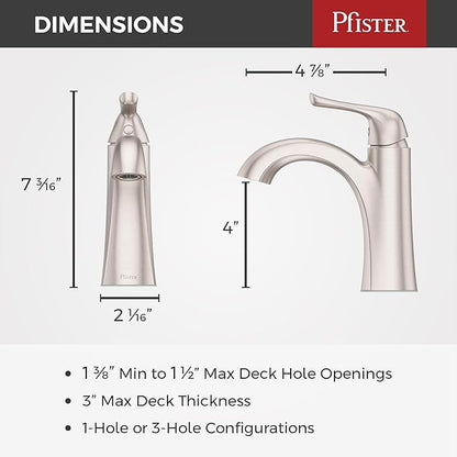 Pfister Willa Bathroom Sink Faucet, Single Control, 1-Handle, Single Hole, NSF Certified, Spot Defense Brushed Nickel Finish, LF042MALGS