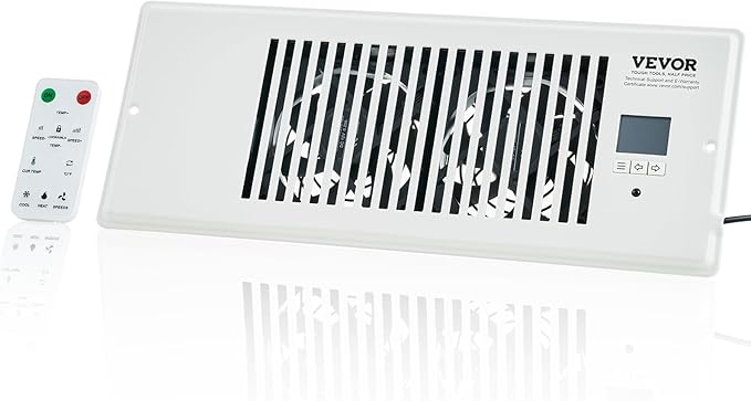 VEVOR Register Booster Fan, Quiet Vent Booster Fan Fits 4” x 12” Register Holes, with Remote Control and Thermostat Control, Adjustable 10-Speed for Heating Cooling Smart Vent, White