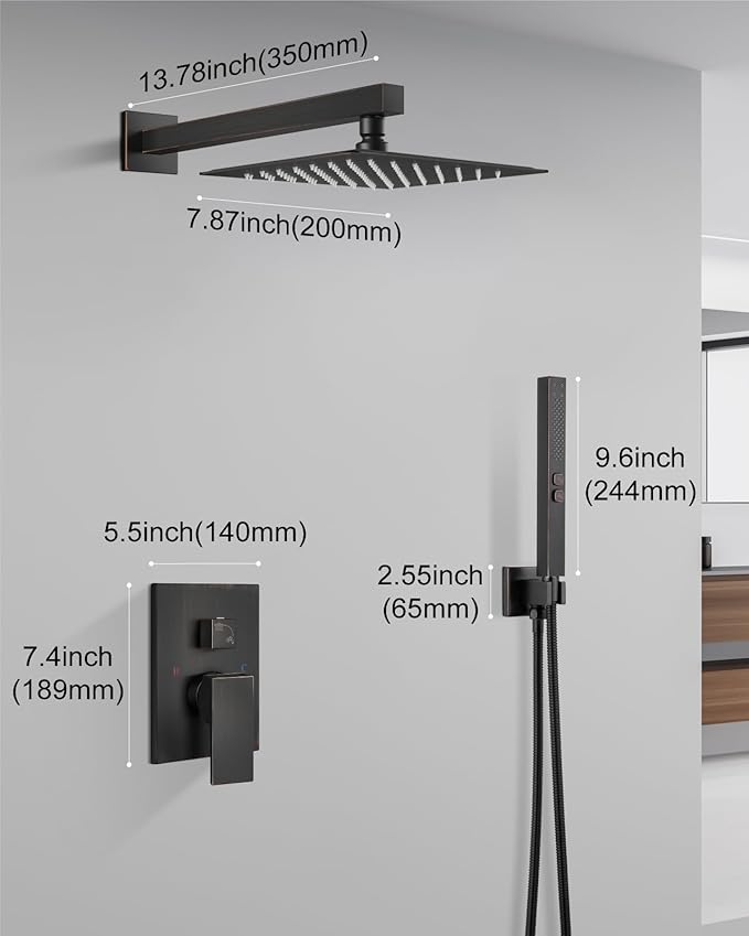 Shower Faucet Set Rainfall Shower System with Square Showerhead and Handle Set Fixture with 2 in 1 Function Handheld Sprayer Wall Mounted Trim Repair Kit Rough-in Valve 8 Inch Oil Rubbed Bronze