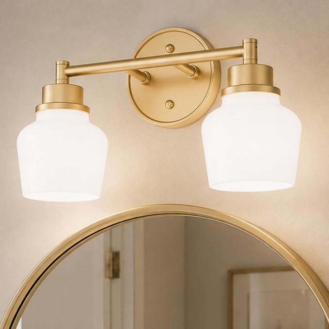 Emak Modern Gold Bathroom Light Fixtures, 2-Light Vanity Lights with Milk Glass Shade for Bathroom, Mirror, VL122-GD-ML-2
