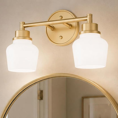 Emak Modern Gold Bathroom Light Fixtures, 2-Light Vanity Lights with Milk Glass Shade for Bathroom, Mirror, VL122-GD-ML-2