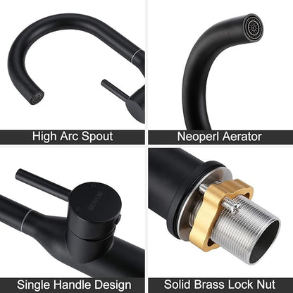 WOWOW Black Bathroom Faucet - Stainless Steel Single Handle Bar Sink High Arc Lavatory Mixer - Small Kitchen Tap With Supply Hoses