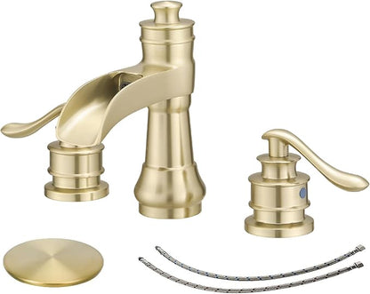 Two Handle Widespread Bathroom Faucet 3 Holes Brushed Gold | Waterfall Spout, Mixer Tap, With Pop Up Drain and Supply Lines, Solid Brass Construction, Neutral Vintage Tone