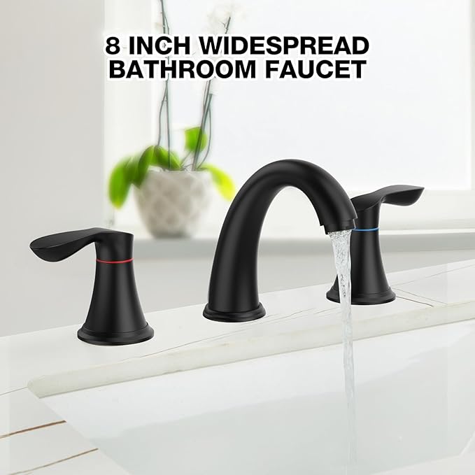 Bathroom Faucet, 8 Inch Bathroom Faucets for Sink 3 Hole, Widespread Brushed Nickel Bathroom Faucet with Pop up Drain and cUPC Lead-Free Hose (Matte Black)