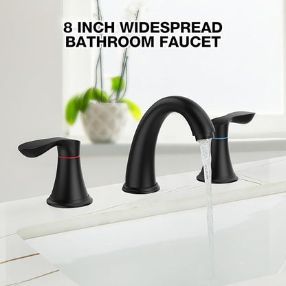 Bathroom Faucet, 8 Inch Bathroom Faucets for Sink 3 Hole, Widespread Brushed Nickel Bathroom Faucet with Pop up Drain and cUPC Lead-Free Hose (Matte Black)