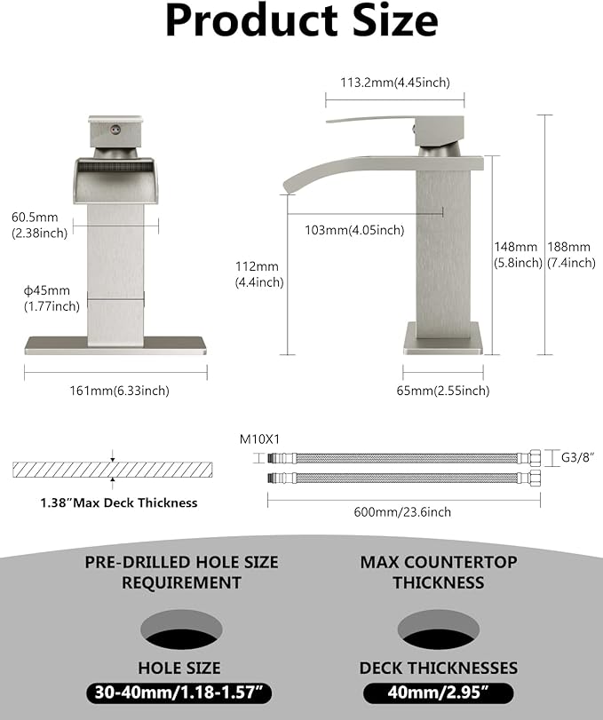 Waterfall Bathroom Faucet 1 Hole, Single Hole Bathroom Faucet, Single Handle Vanity Sink Faucet with Deck Plate, Pop-up Drain & Supply Lines, Brushed Nickel