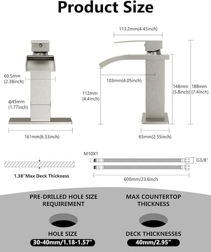 Waterfall Bathroom Faucet 1 Hole, Single Hole Bathroom Faucet, Single Handle Vanity Sink Faucet with Deck Plate, Pop-up Drain & Supply Lines, Brushed Nickel