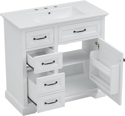 36" Bathroom Vanity with Ceramic Sink,Freestanding Storage Cabinet w/Soft-Close Door and 2 Tip-Out & 2 Drawers,Undermount Single Basin Bath Vanity Set w/Adjustable Shelf,White