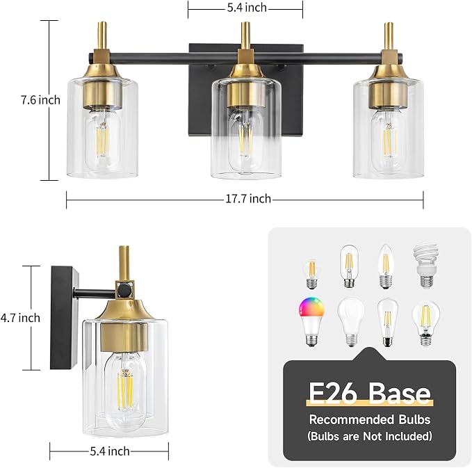 3-Light Modern Bathroom Vanity Light,Black and Gold Light Fixtures for Bathroom,Modern Wall Light Over Mirror with Glass E26 Socket (Bulbs Not Included)