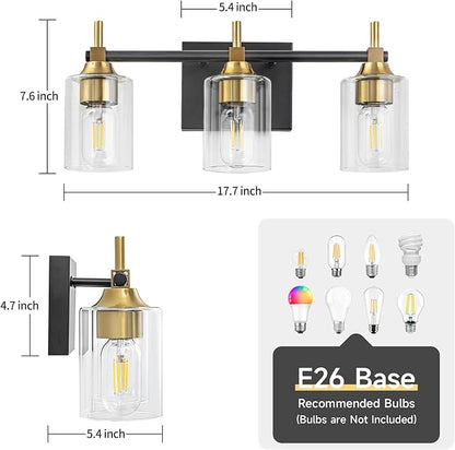 3-Light Modern Bathroom Vanity Light,Black and Gold Light Fixtures for Bathroom,Modern Wall Light Over Mirror with Glass E26 Socket (Bulbs Not Included)