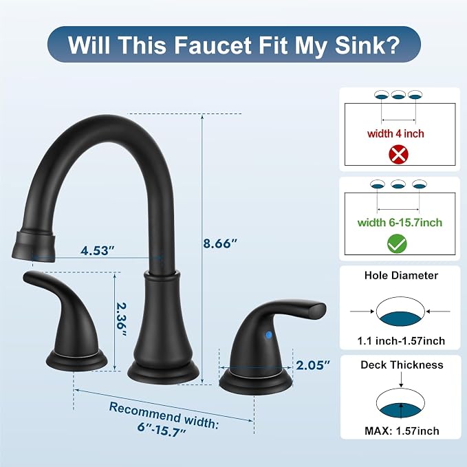 Matte Black Widespread Bathroom Sink Faucet, 3 Hole 8 Inch | Modern Bathroom Faucet 3-Hole,2 Handles,Pop-Up Drain & Supply Lines,Deck Mount Vanity Faucet,1.2 GPM,SUS304 Stainless Steel