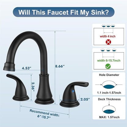 Matte Black Widespread Bathroom Sink Faucet, 3 Hole 8 Inch | Modern Bathroom Faucet 3-Hole,2 Handles,Pop-Up Drain & Supply Lines,Deck Mount Vanity Faucet,1.2 GPM,SUS304 Stainless Steel