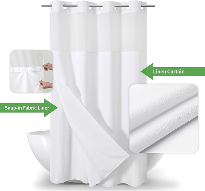 eachope No Hook Linen Texture Shower Curtain with Snap-in Liner,54x74 White | 230GSM Thick Fabric,Hotel Luxury Decor,Mesh Top Window,Waterproof & Machine Washable,for Shower Stall or Bathroom