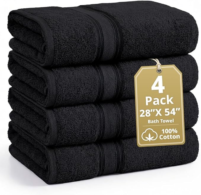 LANE LINEN Bath Towel Set 100% Cotton 4 Piece Soft Absorbent - Black | Cotton Towels For Bathroom - Zero-Twist Cotton, Terry Weave Comfort, Long-Lasting Comfort, Hotel-Style Look