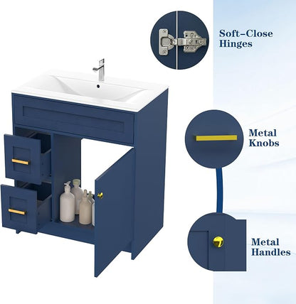 Blue Bathroom Vanity with Sink 30inch | 1doors and 2 Drawers | Wood Storage Basin Cabinet with Ceramic Basin for Home and Office
