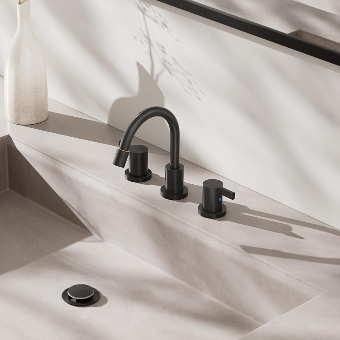 Pull Out Sprayer Matte Black 8 Inch Bathroom Sink Faucet, Widespread 2 Handles 3 Hole Pull Down Bathroom Faucet, with Pop Up Drain and Water Supply Line, BF04022-K01-MB