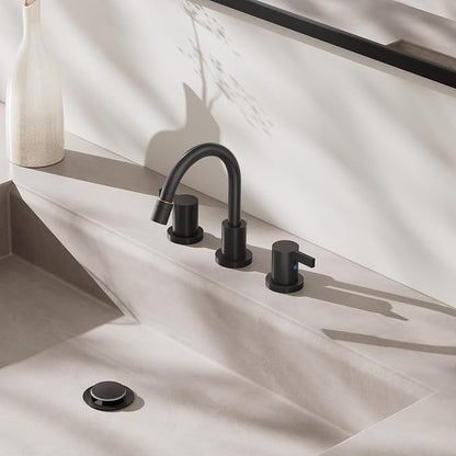 Pull Out Sprayer Matte Black 8 Inch Bathroom Sink Faucet, Widespread 2 Handles 3 Hole Pull Down Bathroom Faucet, with Pop Up Drain and Water Supply Line, BF04022-K01-MB