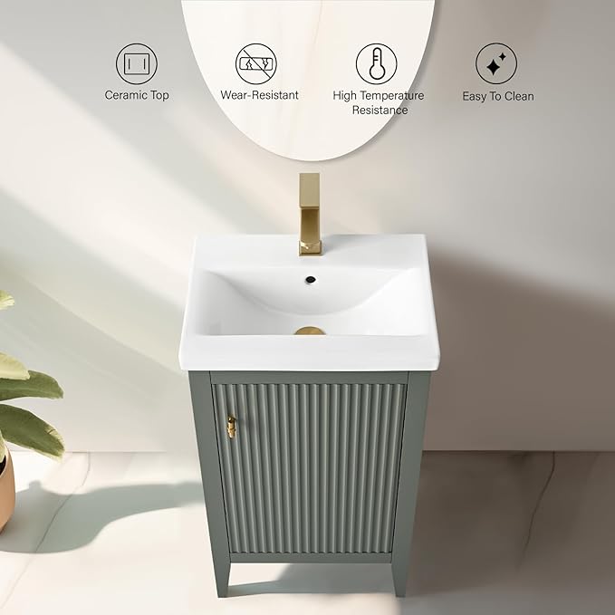 Vanity Art 20 inch Bathroom Vanity with Single Sink & Ceramic Top, Vanity Cabinet with Soft-Closing Door, Solid Wood Frame, Linear Pattern, Vintage Green, Golden Brushed Handware VA9120-VG-GB