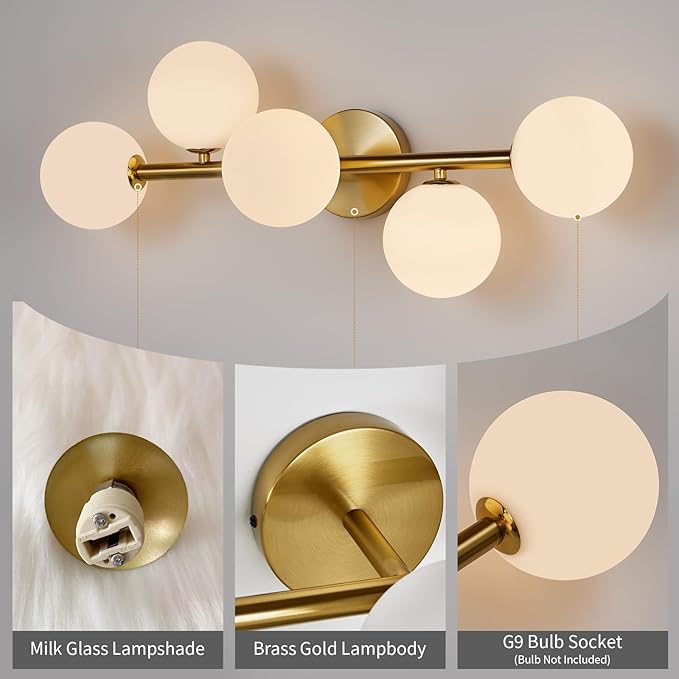 5 Light Bathroom Vanity Light,Gold Bath Room Light Fixtures Over Mirror,Modern Vanity Lights for Bath Room,Makeup Lights for Vanities,Brass Gold Bathroom Sconces with Milk Globe Glass,G9 Base