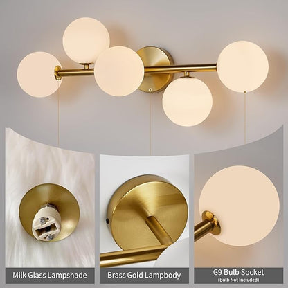 5 Light Bathroom Vanity Light,Gold Bath Room Light Fixtures Over Mirror,Modern Vanity Lights for Bath Room,Makeup Lights for Vanities,Brass Gold Bathroom Sconces with Milk Globe Glass,G9 Base