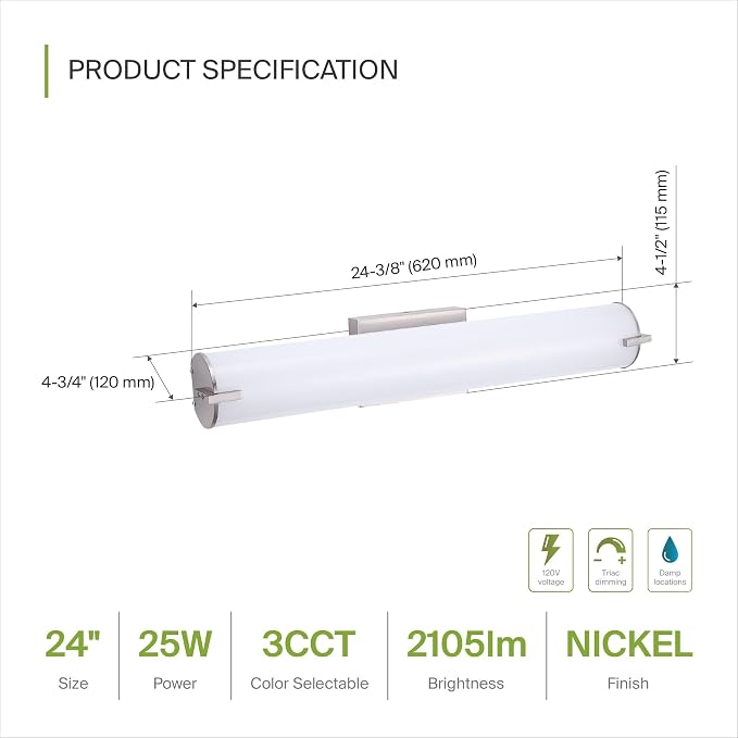 ASD LED 24" Vanity Wall Mount Light Fixture, Linear Bathroom Lighting Bar | 3CCT, Dimmable, Energy Star, ETL Listed | 25W 1950LM 3000-5000K 120V | Long Tube Bath Sconce Over Mirror | Nickel