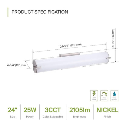 ASD LED 24" Vanity Wall Mount Light Fixture, Linear Bathroom Lighting Bar | 3CCT, Dimmable, Energy Star, ETL Listed | 25W 1950LM 3000-5000K 120V | Long Tube Bath Sconce Over Mirror | Nickel