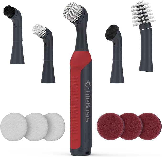 LifeBasis Cordless Rechargeable Power Scrubber Brush, Red | Water-resistant Compact Scrubber with 5 Replaceable Brush Heads for Grout, Tile, Shower, Tub, Kitchen and Bathroom Cleaning